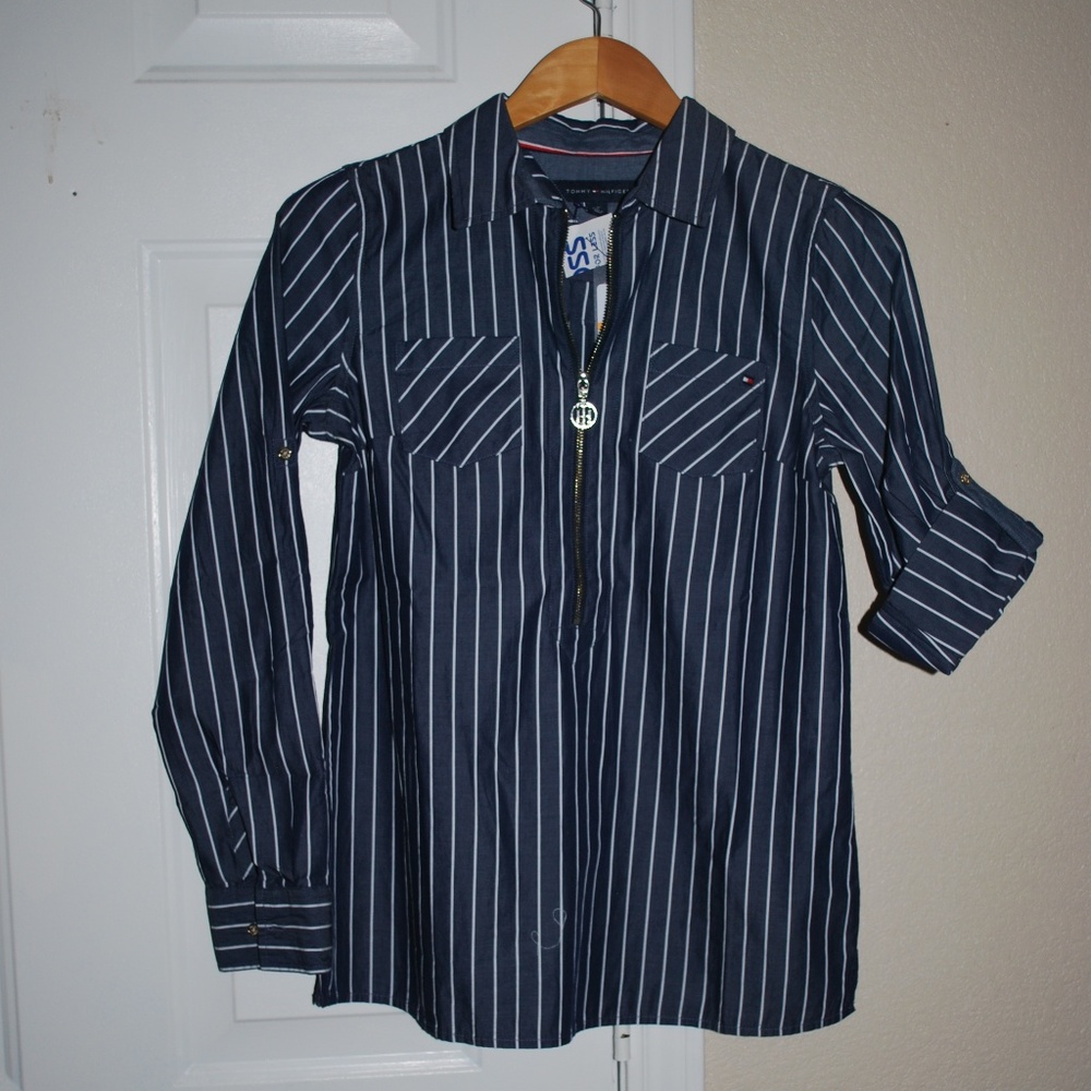TOMMY HILFIGER Womens Navy Blue Stripe Cotton Zip-